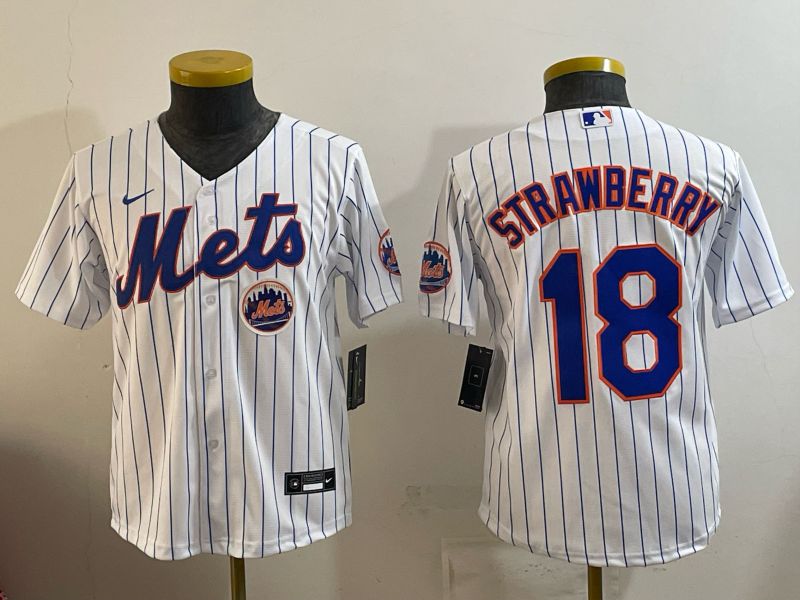 Youth New York Mets #18 Strawberry White stripe Game 2026 Nike MLB Jersey style 003